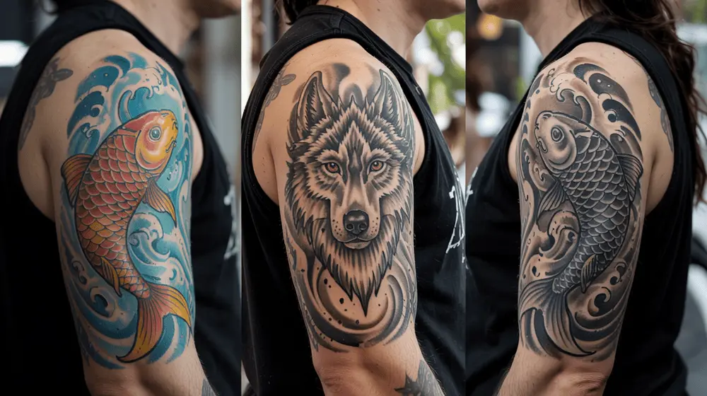 Three tattooed arms showcasing different styles: one with watercolor, another with blackwork, and a third featuring a fusion of both styles.