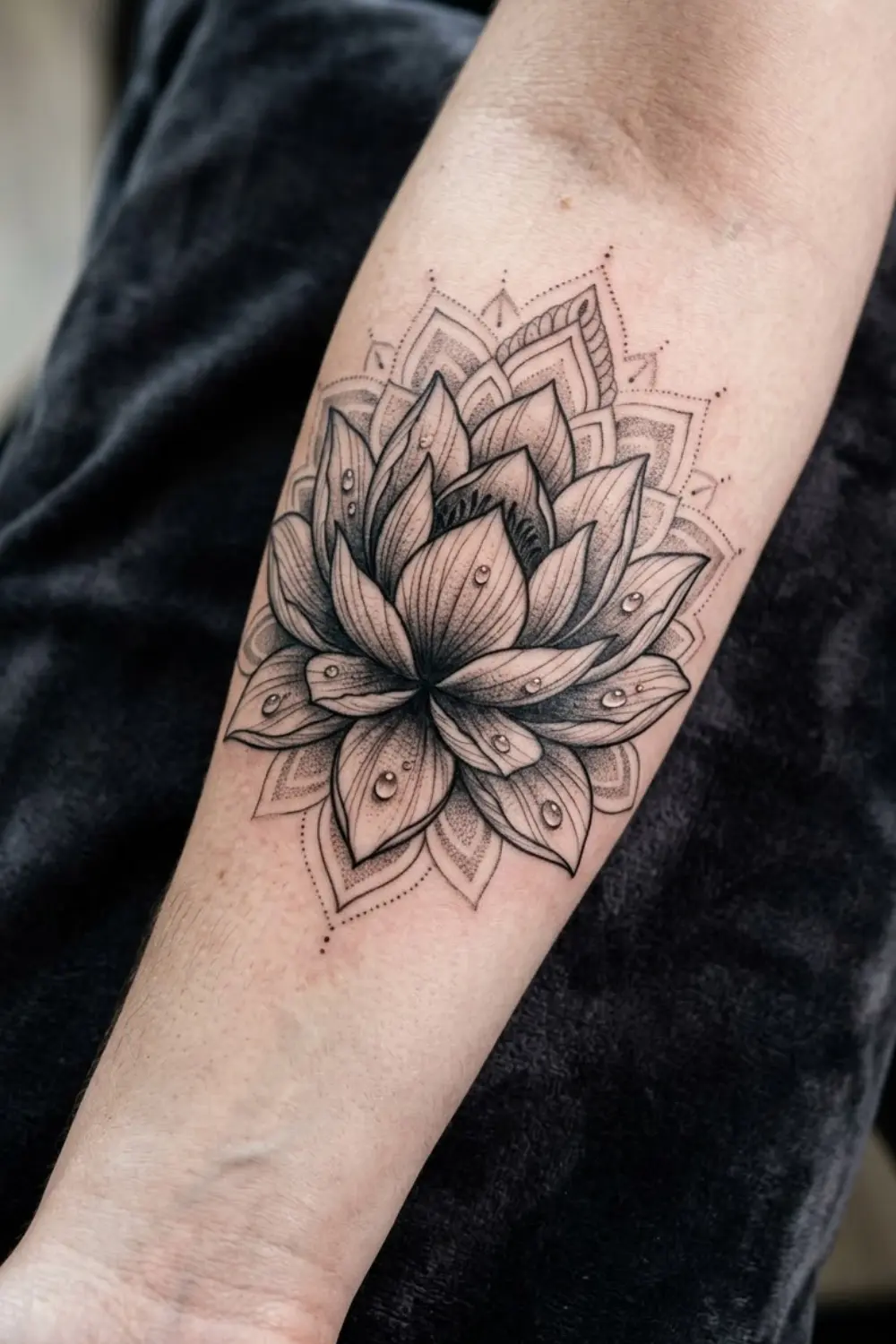 Black and grey lotus flower tattoo with dotwork shading and mandala pattern on a womans inner forearm