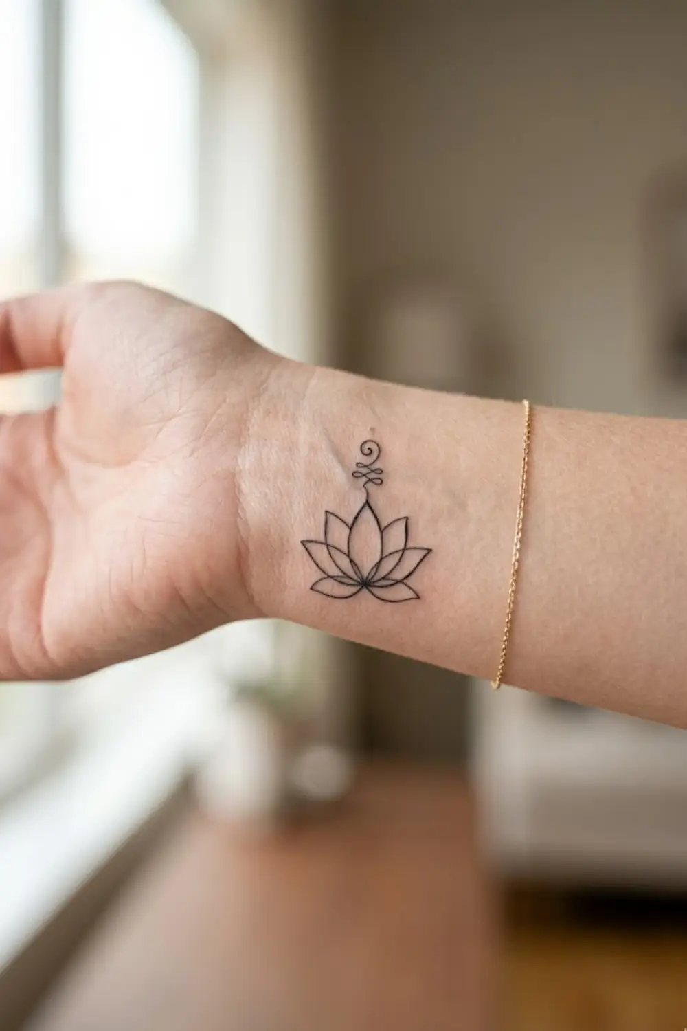 Small delicate lotus flower tattoo with unalome symbol on a womans inner wrist