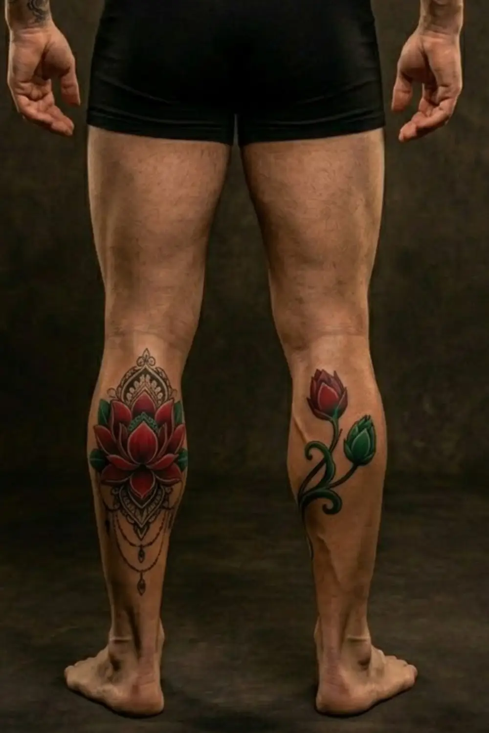 Neo-traditional lotus flower tattoo in scarlet red and green on muscular mans calves