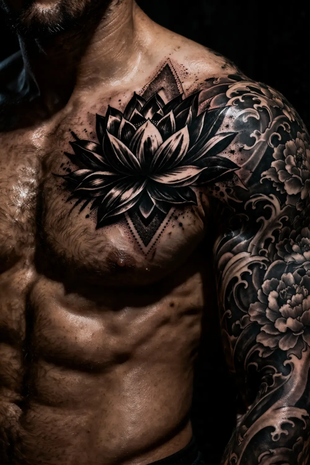 Bold dark lotus flower tattoo with geometric triangle framing on a mans upper chest