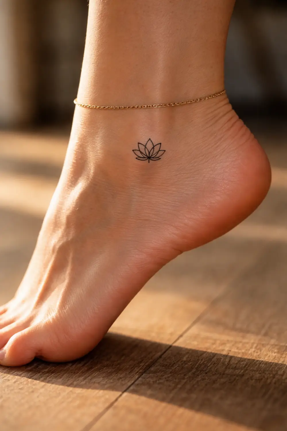 Tiny minimalist lotus flower tattoo outline in fine black lines on inner ankle