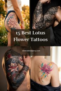 Lotus flower tattoo designs on arm, thigh, shoulder and sleeve in different styles