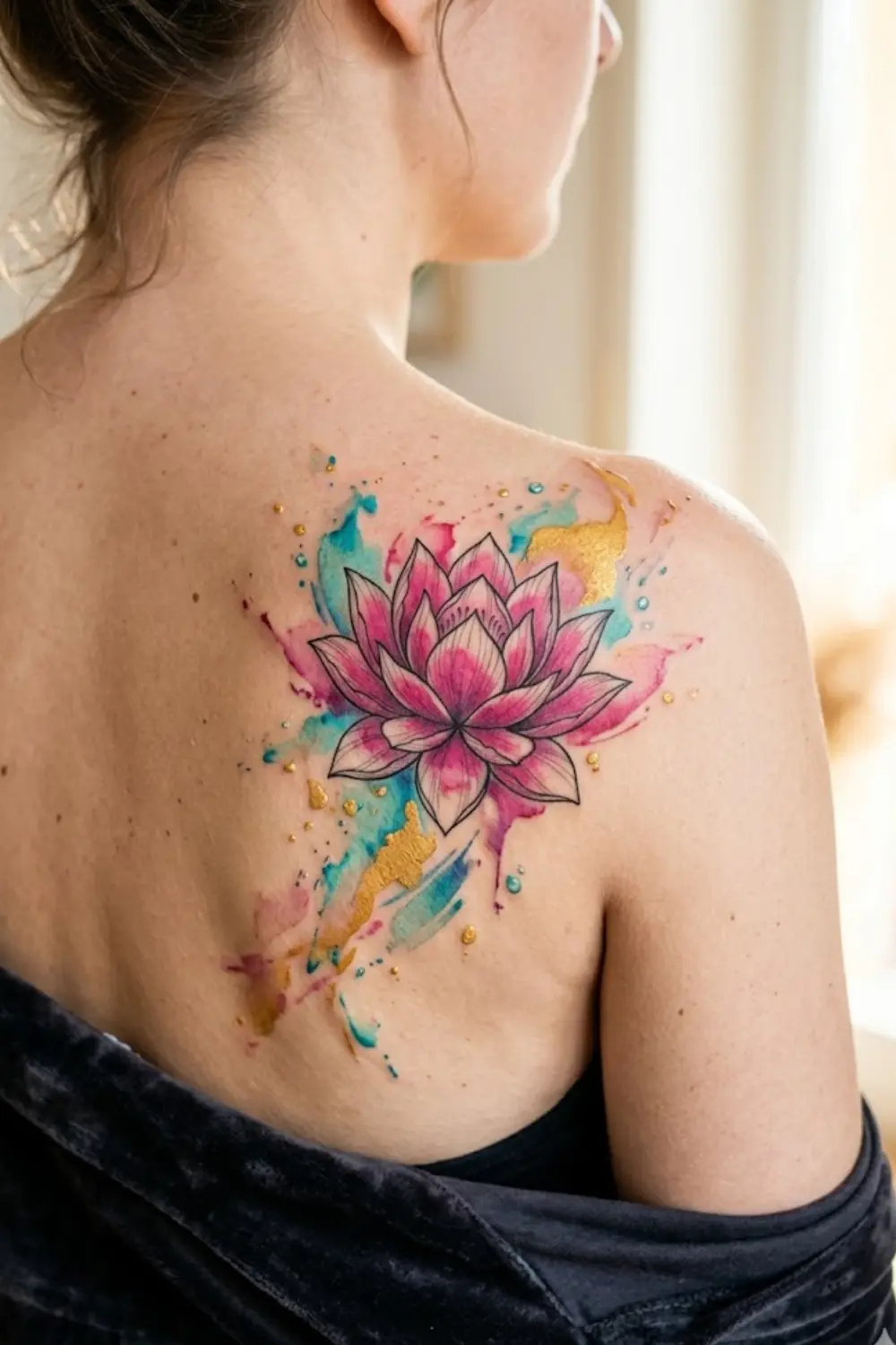 Vibrant watercolor lotus flower tattoo with pink turquoise and gold splashes on shoulder blade