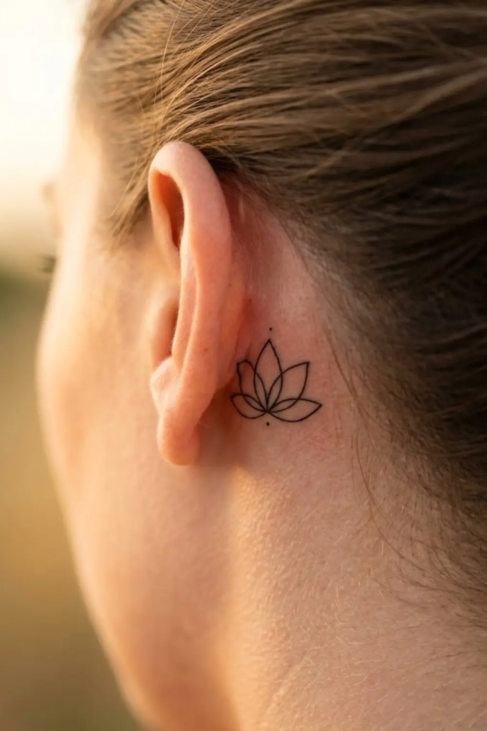 Minimalist single-line lotus flower tattoo behind a womans ear in fine black ink