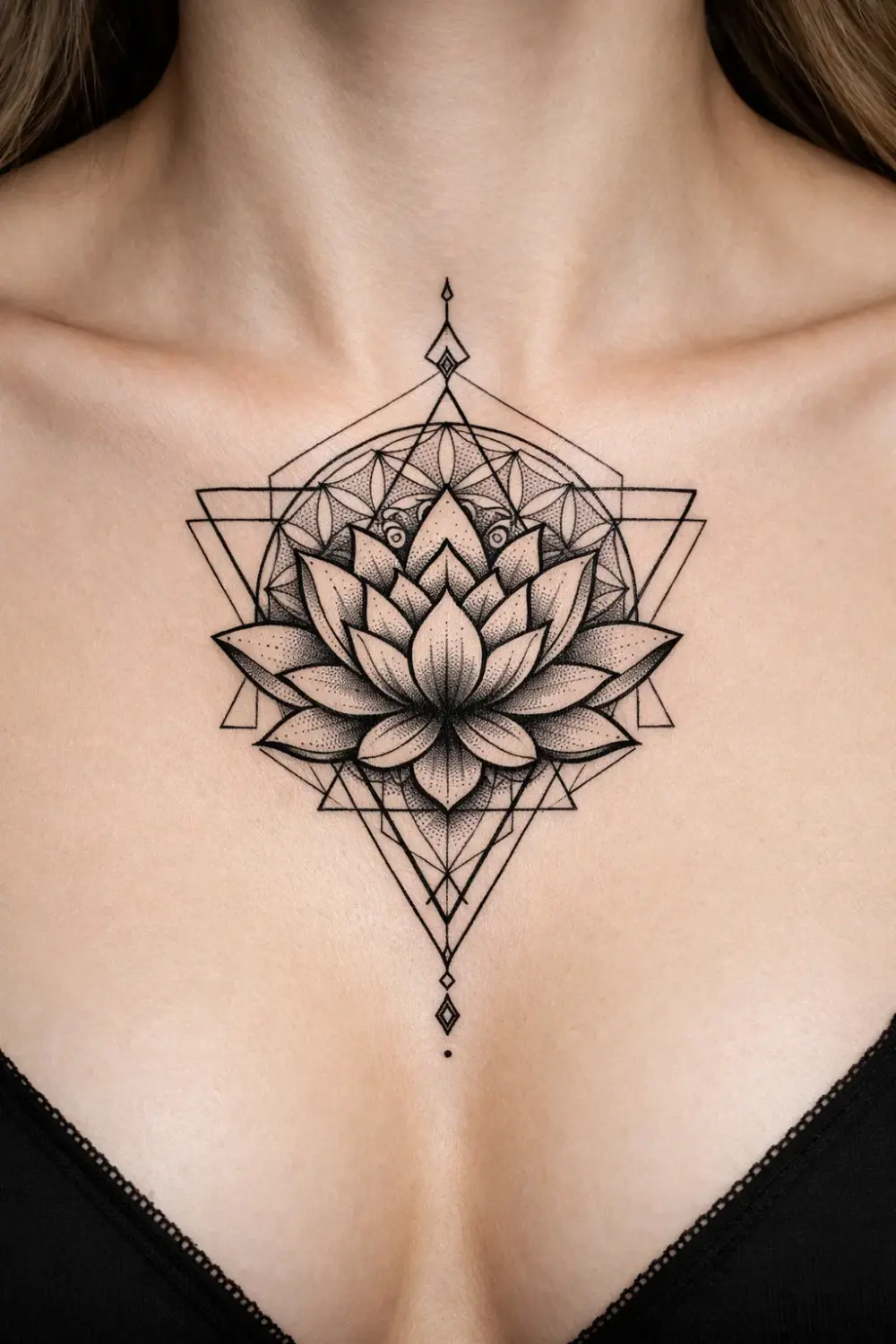 Symmetrical geometric lotus flower tattoo with sacred geometry patterns on sternum