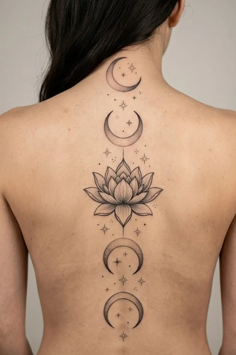 Lotus flower tattoo with moon phases running vertically down a womans spine in blackwork