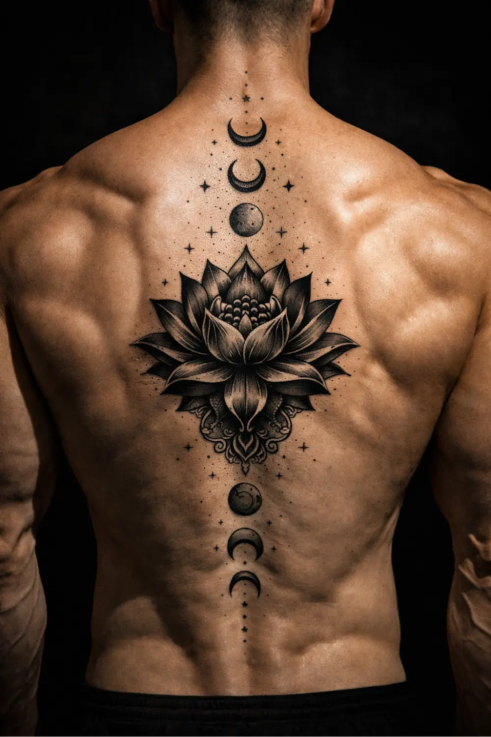 Lotus flower tattoo with moon phases on a muscular mans back with defined muscles in blackwork