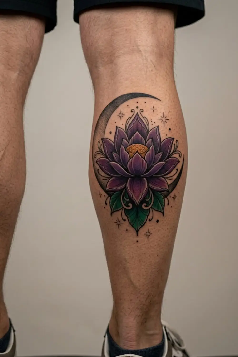 Neo-traditional lotus flower tattoo in purple and gold jewel tones on a mans calf