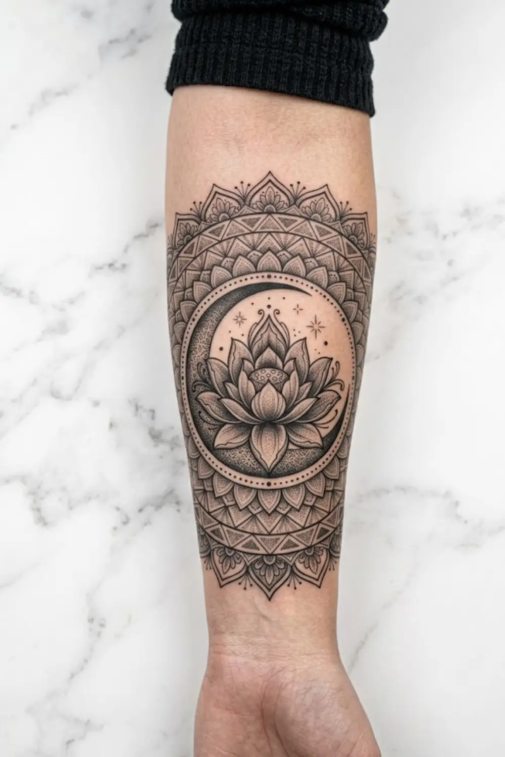 Intricate mandala lotus flower tattoo with geometric rings on a womans outer forearm